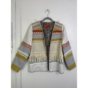 Womens Jacket Medium Linen Colorful Tapestry Macrame Artsy Unique Lined Print